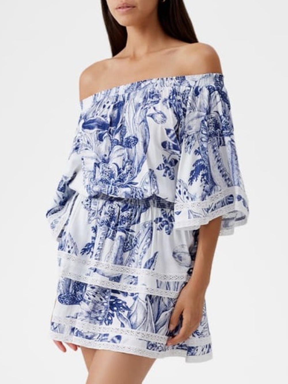 Melissa Odabash Micha‎ Floral Off-Shoulder Mini Dress Paloma Blue White Small